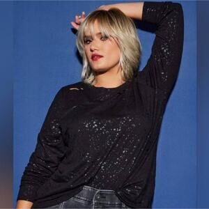 Torrid LoveSick Distressed Spattered Long Sleeve Slub Tee Black | Torrid Size 1